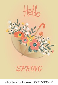 Hola primavera. Flores de primavera, hojas en paraguas sobre fondo beige. Cartel, postal, afiche, ilustración vectorial.