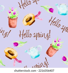 Hello Spring. Flowers, straw hat and tulips. Spring floral seamless wallpaper. Vector seamless pattern with clipping mask, editable.