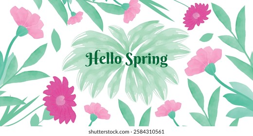 Hello Spring, Flowers, Spring or Summer with blooming pink meadow flowers and foliage. Watercolor. Multi-colored garden flowers