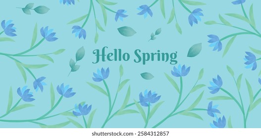 Hello Spring, Flowers, Spring or Summer with blooming meadow flowers on a blue background. Watercolor. Multi-colored garden flowers