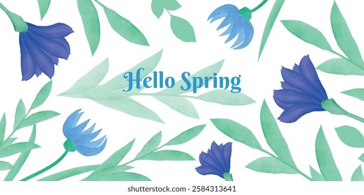 Hello Spring, Flowers, Spring or Summer with blooming blue meadow flowers and foliage. Watercolor. Multi-colored garden flowers