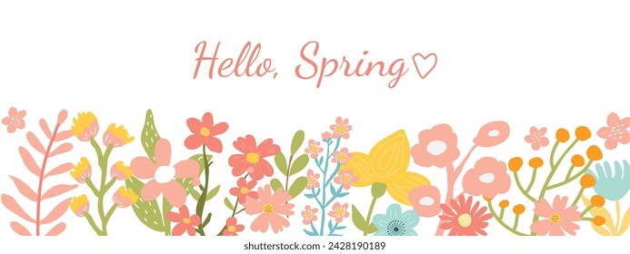 Hello Spring Flowers Text Background. Hand drawn flowers