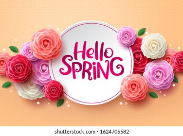 Hello spring flowers vector background. Hello spring greeting text in white space and colorful camellia flowers in orange pattern background. Vector illustration.
