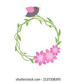 Hello spring flowers wreath. Cute hand drawn green yellow floral element Fresh spring graphic design Vector