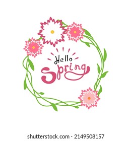 Hello spring flowers wreath. Cute hand drawn green yellow floral element Fresh spring graphic design Vector