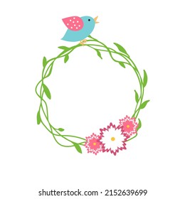 Hello spring flowers wreath. Cute hand drawn green yellow floral element Fresh spring graphic design Vector