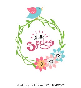 Hello spring flowers wreath. Cute hand drawn green yellow floral element Fresh spring graphic design Vector