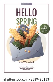 Hello Spring flyer with envelope with mimosa flowers. Spring time, nature, gardening. Vector illustration for banner, advertising, promo, sale.