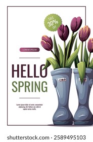 Hello Spring flyer with rubber boots and tulips. Spring time, nature, gardening. Vector illustration for banner, advertising, promo, sale.