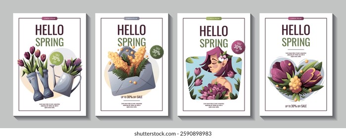 Hello spring flyer set with cute young woman, rubber boots, watering can, envelope. Spring time, nature, beauty. Vector illustration for banner, advertising, promo, sale.	