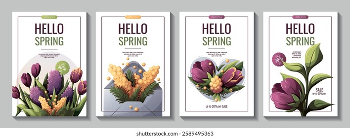Hello Spring flyer set with flowers, envelope with mimosa. Spring time, nature, gardening. Vector illustration for banner, advertising, promo, sale.