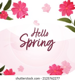 Hallo Frühlingsschriftart mit schönen Blumen und Blättern auf rosafarbenem Hintergrund.