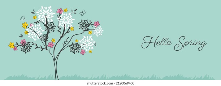 Hello Spring Font With Creative Floral Tree And Butterflies On Blue Background.