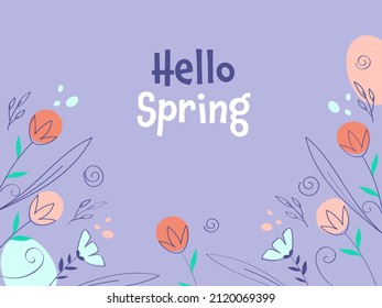 Hello Spring Font With Doodle Style Flowers, Leaves Decorated On Pastel Violet Background.