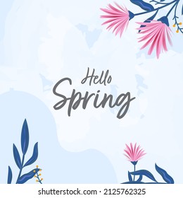 Hello Spring Font With Flowers, Leaves Decorated On Blue Grunge Background.