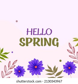 Hello Spring Font With Flowers, Leaves Stem Decorated Background.