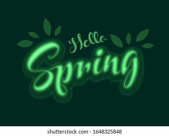 Hallo Frühlingsschriftart mit Neoneffekt und Blättern auf grünem Hintergrund.