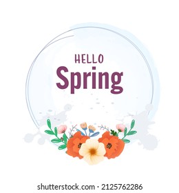 Hello Spring Font On Circular Frame Decorated With Floral Against White Background.