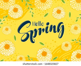 Hello Spring Font on Yellow Background Decorated with Dahlia Flower and Leaves. - Powered by Shutterstock - Get 15% off with code: PIKWIZARD15