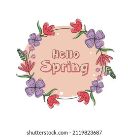 Hello Spring Font Over Peach Circular Shape Decorated By Floral On White Background.