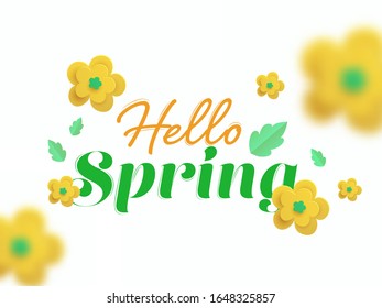 Hello Spring Font with Paper Cut Yellow Flowers and Green Leaves on White Background.