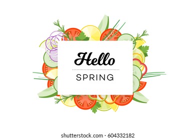 Hello Spring. Food Banner With Vegetables Isolated On White Background.