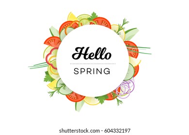 Hello Spring. Food Banner With Vegetables Isolated On White Background