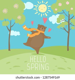 Hello Spring forest landscape. Cute bear love spring, sunny time, dance on green fresh grass