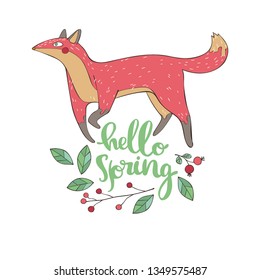 Hello spring. Fox. Branches and leaves. Lettering. Isolated vector objects on white background.