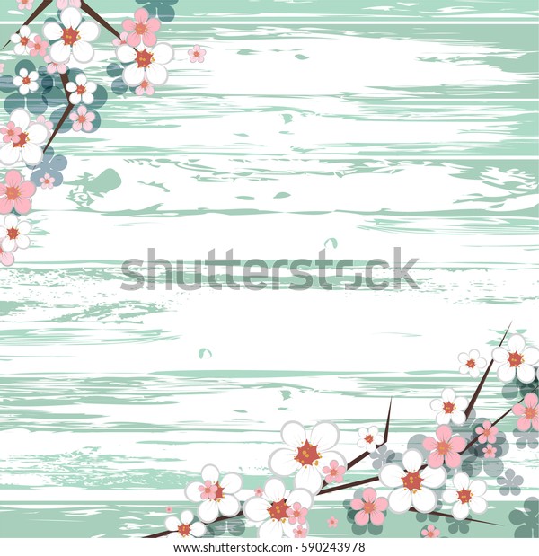 hello spring frame. border for\
seasonal greetings. light wooden background. soft spring flowers.\
pink and white blossom. vector spring frame for\
text