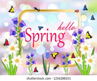 Hello spring frame butterfly flowers