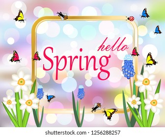 Hello spring frame butterfly flowers