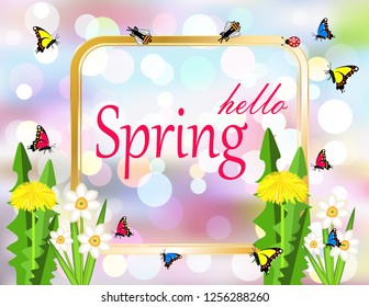 Hello spring frame butterfly flowers