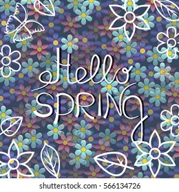 Hello spring and frame of flowers and butterflies