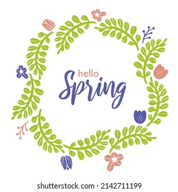 Hello Spring frame with flowers, sprouts, leaves. Vector hand drawn illustration isolated on white background for poster, flyer, invitation, card design.