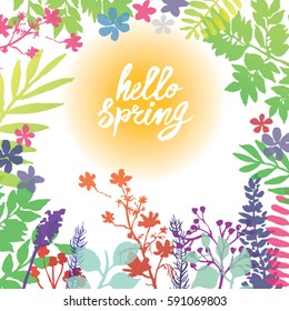 Hello Spring frame
Spring greeting card with text " hello Spring". Around which are located radially inward variety of flowers, herbs and floral motifs.