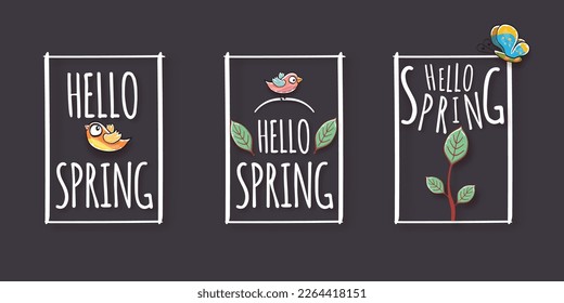 Hello spring frame set with spring birds and flowers on grey background. Hello spring clip art simple cut paper style illustration design template