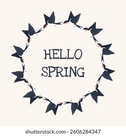 Hello Spring Frame template design. Spring round Frame vector illustration. Swallow Frame with empty space for text. EPS 10