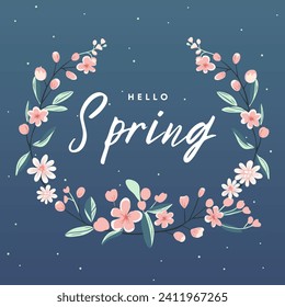 Hello spring frame. Trendy spring design with blossom in pastel colors and text. Poster, greeting card, banner. 