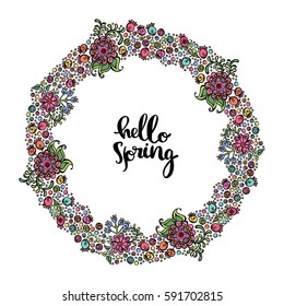 Hello Spring. Frame - wreath. Flowers - Doodle. Isolated vector objects on white background.