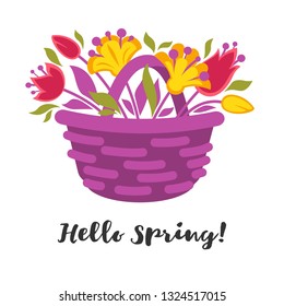 Hola Primavera fresca ilustración de vector colorida con flores
