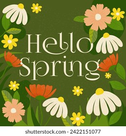 Hello spring, fresh trending spring season lettering with flowers for greeting card,post. Retro lettering banner poster template background