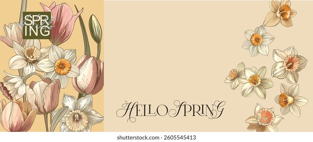 Hello Spring - fully editable poster including pattern, botanical elements, infographics. Digital illustration for wrapping paper, wallpaper, scrapbooking, advertising and branding.