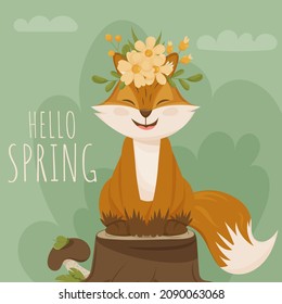 Hello spring! A funny fox sits on a tree stump with wreaths of flowers on its head. Vector image