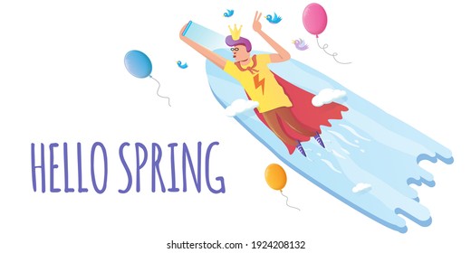 Hello spring funny illustration with flying super hero man with red cape in blue sky with clouds and birds. Breakthrough Entrepreneurship creative concept banner or background