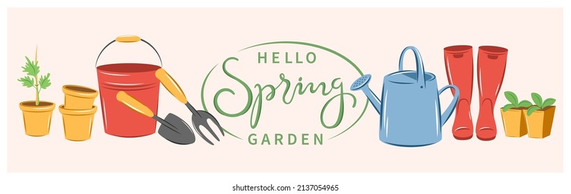 Hello spring garden text. Gardening, growing plants, agricultural tools. Vector illustration.