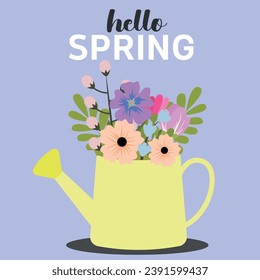 Hello Spring. Garden watering can with spring flowers tulips and flowers.  Spring background, cover, sale banner, flyer design. Template for advertising, web, social media.