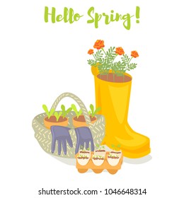 Hello spring gardening banner. Rubber boot, basket, gloves, seedlings and marigold flowers. Cartoon vector illustration.