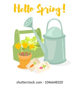 Hello spring gardening banner. Watering can, box with herbs, pot with crocuses, seeds. Cartoon vector illustration