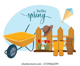 Hola composición de jardinería de primavera con macetas de flores carretilla y valla de madera que crean un ambiente fresco y alegre de temporada